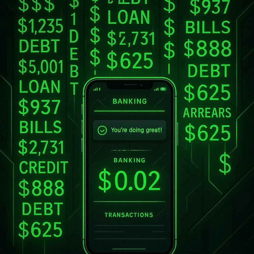 Digital banking app on a smartphone displays a balance of $0.02 with a message saying “You’re doing great!”