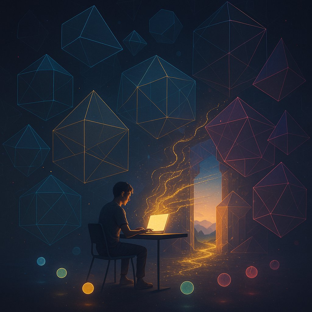A person types on a glowing laptop while floating in a dark, geometric space. A golden stream of code flows from the screen, piercing through a crystalline wall into a bright natural landscape with mountains and trees — symbolising technology as a portal to freedom.
