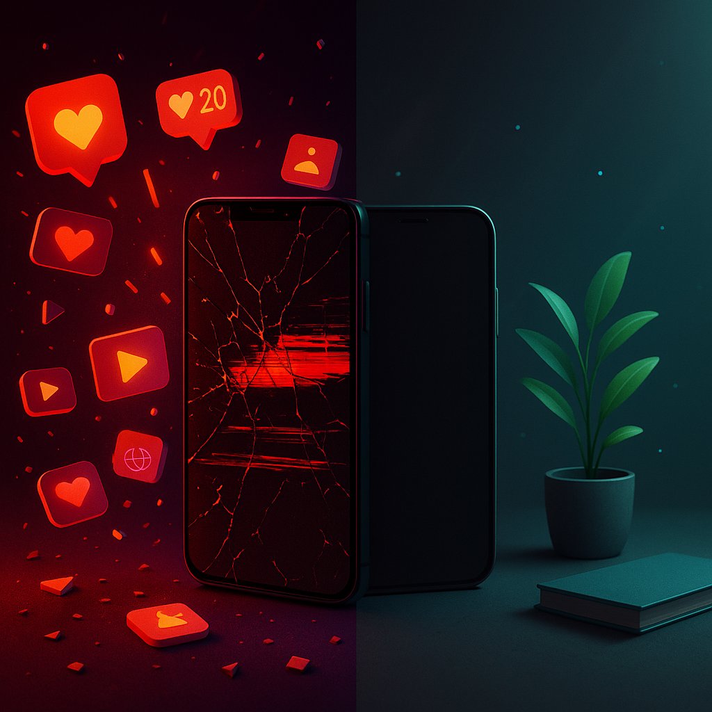 Split-screen image showing two phones: one cracked and overwhelmed by red social media icons, the other calm and turned off, sitting beside a plant and a book — symbolising the contrast between digital chaos and intentional stillness.