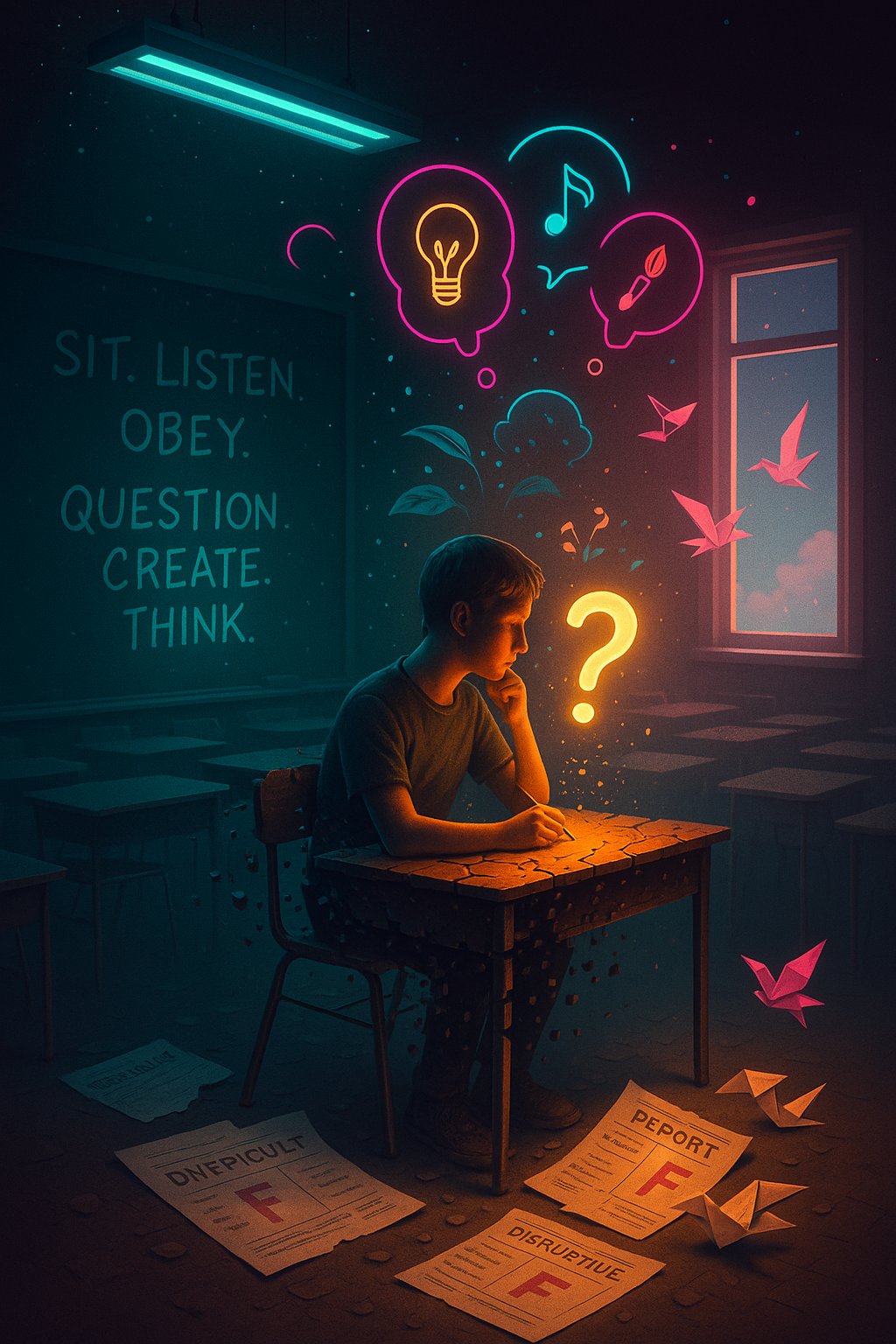 A young boy sits alone at a worn, crumbling desk in a dim classroom, illuminated by a glowing question mark. Around him, rejected report cards labelled “Disruptive” and “Difficult” litter the floor.