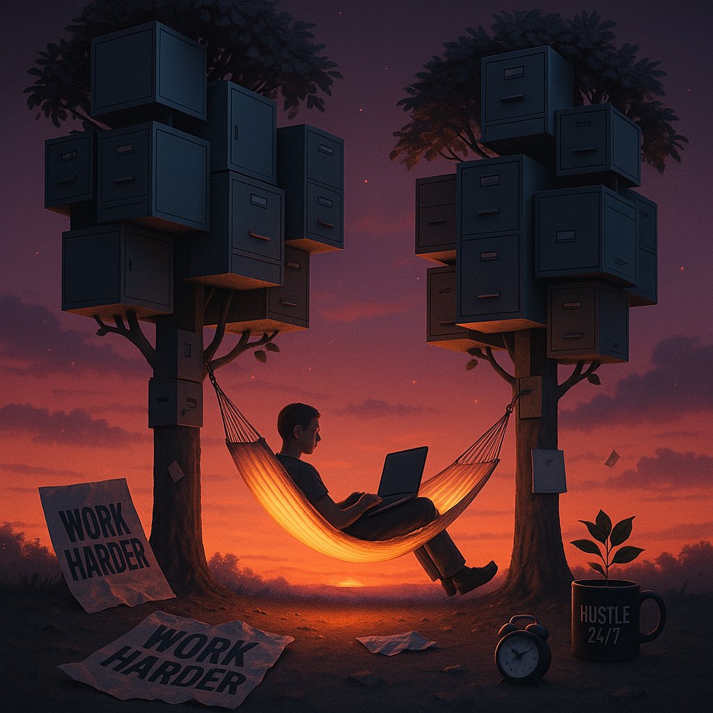 A man works on a laptop in a hammock suspended between two trees with filing cabinets instead of branches. Scattered around are “WORK HARDER” posters and a mug that reads “HUSTLE 24/7” — all set against a glowing sunset sky, symbolising the collision of burnout culture and forced calm.