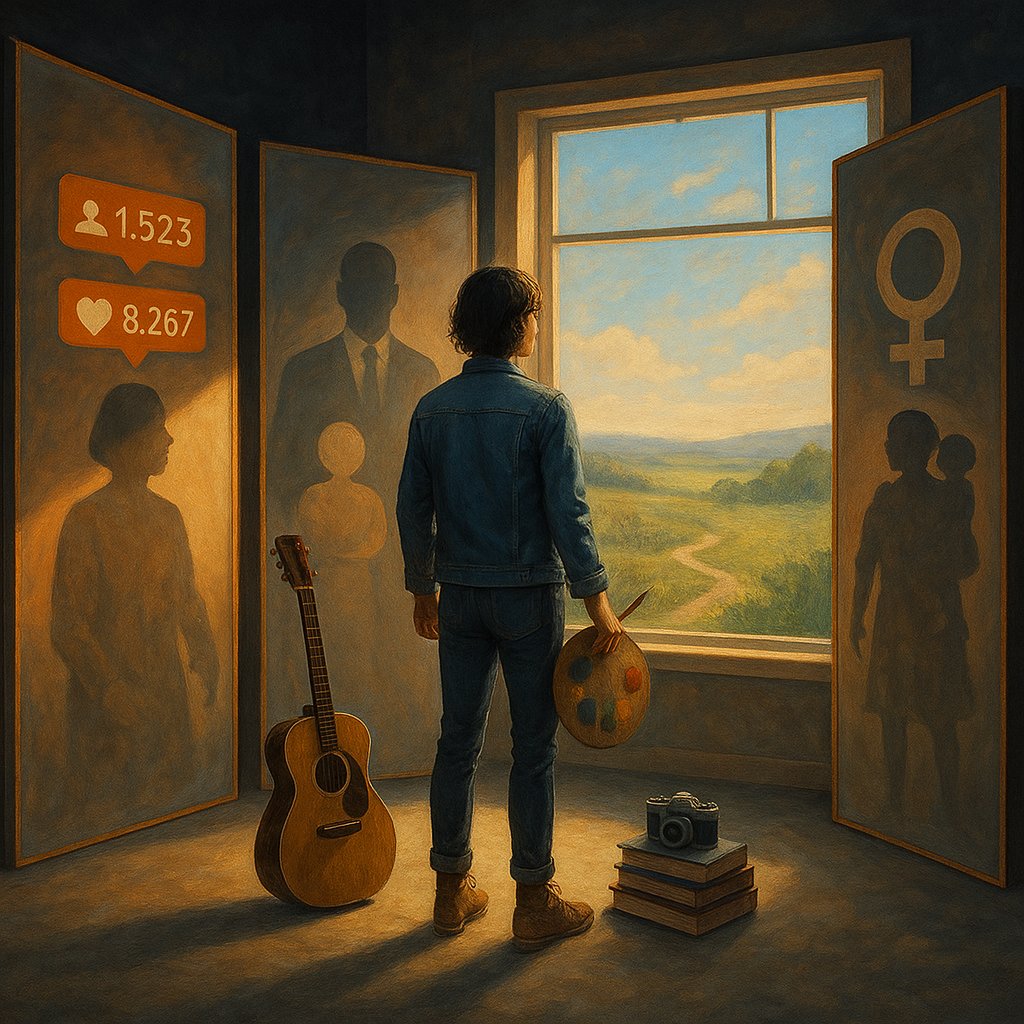 A person stands at a window holding a paint palette, gazing at a sunlit path beyond. Behind them are shadowy figures symbolising societal roles — follower counts, family expectations, career archetypes — as a guitar and camera rest beside them, evoking the choice to pursue a more authentic path.
