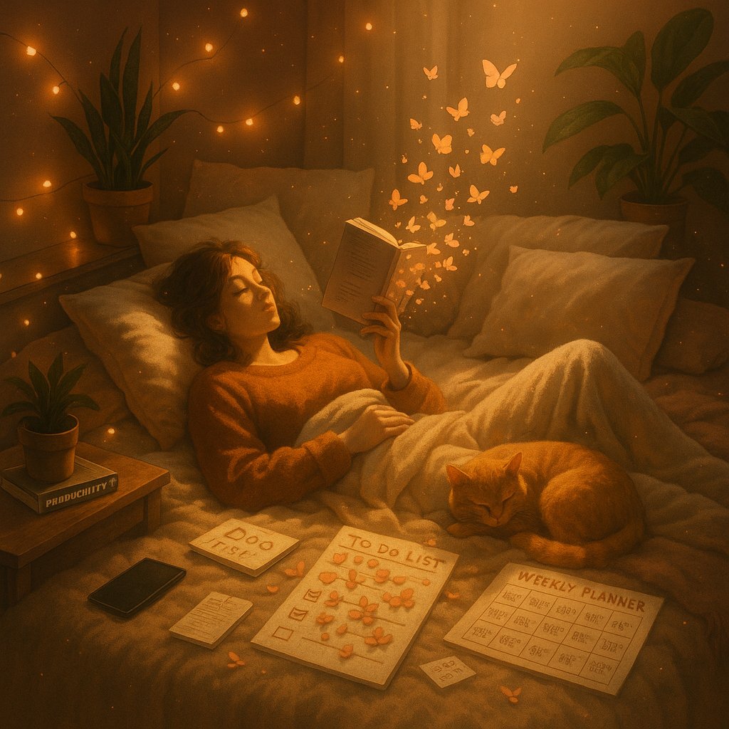 A woman relaxes in bed under warm fairy lights, reading a book as glowing butterflies rise from its pages. Around her are scattered to-do lists, a weekly planner, a phone, and a curled-up cat — a soft visual of choosing rest in a productivity-obsessed world.